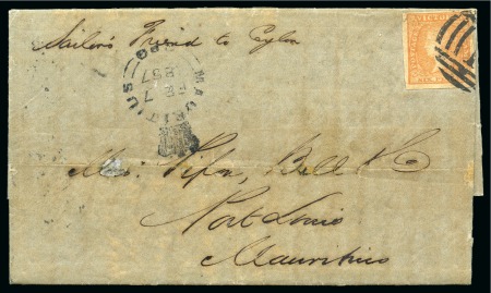 Stamp of Mauritius » Incoming Mail VICTORIA: 1856 (Oct 11) Entire from Melbourne to MAURITIUS with 1854-55 6d dull orange