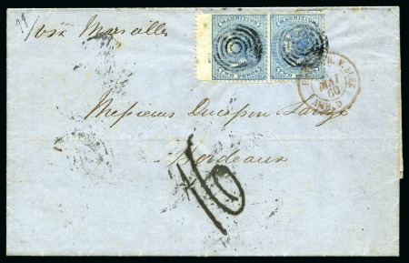 Stamp of Mauritius » Later Issues FIRST DAY COVER 1860 (Apr 7) Entire from Port Louis to France with 1860 2d. blue wing marginal pair