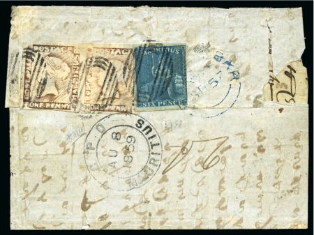 Stamp of Mauritius » 1848-59 Post Paid Issue 1848-59 Post Paid 1d. red-brown on bluish paper, horizontal pair, in combination with 1859-61 Britannia 6d blue on  entire (reduced) to TRANQUEBAR