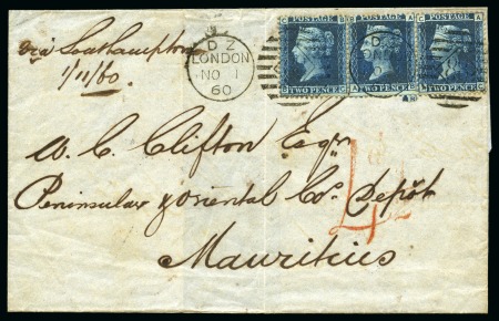 Stamp of Mauritius » Incoming Mail GREAT BRITAIN: 1860 (Nov 1) Wrapper from London to Mauritius with three 1858-76 2d blue pl8 tied by London "88" duplexes