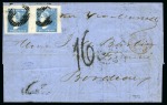 Stamp of Mauritius » 1859 Dardenne Issue (SG 41-44) 1859 Dardenne 2d. pale blue, positions 1-2 horizontal pair, with good to huge margins, tied by barred oval cancels to 1860 entire to France