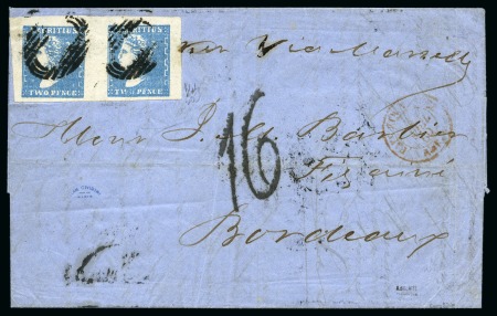 1859 Dardenne 2d. pale blue, positions 1-2 horizontal pair, with good to huge margins, tied by barred oval cancels to 1860 entire to France