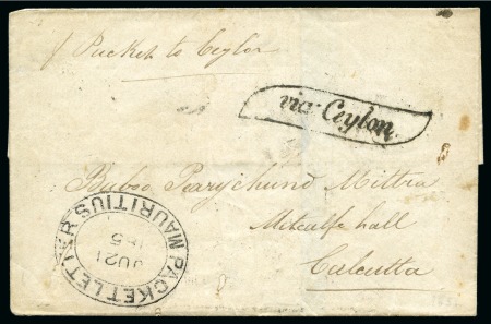 1851 (Jun 21) Wrapper to India with double oval Mauritius Packet Letter ds in black (type IIC-2) with "via Ceylon" hs adjacent