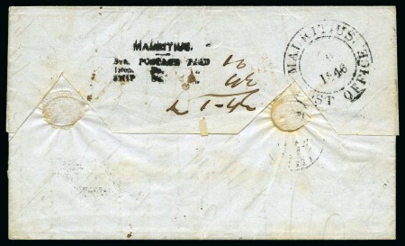 Stamp of Mauritius » Pre-Stamp & Stampless Postal History 1846 (Aug 16) Wrapper from Port Louis to France with "MAURITIUS / STA. POSTAGE PAID / INLD. Do. .. / SHIP Do .." hs in black with ms rate 
