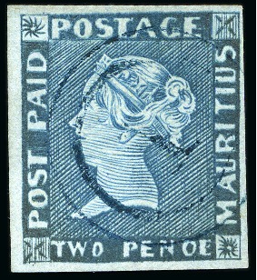 Stamp of Mauritius » 1848-59 Post Paid Issue » Early Impressions (SG 6-9) 1849-54 Post Paid 2d. blue, position 7, exhibiting the famous 'PENOE' for 'PENCE' error