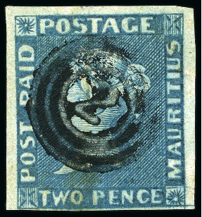 Stamp of Mauritius » 1848-59 Post Paid Issue » Early Impressions (SG 6-9) 1849-54 Post Paid 2d blue, position 4, used with "2" numeral