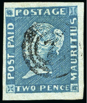Stamp of Mauritius » 1848-59 Post Paid Issue » Early Impressions (SG 6-9) 1849-54 Post Paid 2d blue, position 3, cancelled by '2' target hs