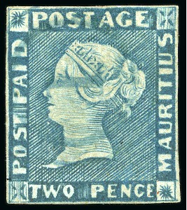 Stamp of Mauritius » 1848-59 Post Paid Issue » Intermediate Impressions (SG 10-15) 1854-57 Post Paid 2d. blue, position 5, lightly cancelled by '1' target hs in blue at Mahébourg
