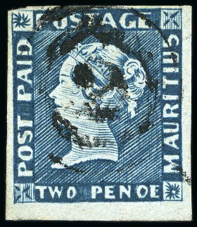 Stamp of Mauritius » 1848-59 Post Paid Issue » Intermediate Impressions (SG 10-15) 1854-57 Post Paid, 2d blue, position 7, exhibiting the famous 'PENOE' for 'PENCE' error