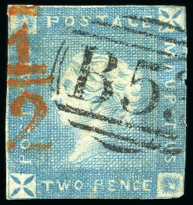 Stamp of Mauritius » 1859 Lapirot Issue » Early Impressions (SG 36-37) 1859 Lapirot 2d. blue, position 1, with barred 'B53' oval in black and 'd 1/2' partial accountancy marking
