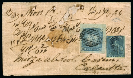 1859 Lapirot 2d. blue on cover in combination with 1859-61 Britannia 6d. on envelope from Port Louis to Calcutta