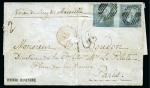 Stamp of Mauritius » 1859 Lapirot Issue 1859 Lapirot 2d. blue, horizontal pair, positions 9 & 10, oily impression, just touched in places, tied by oval of bars on 9.10.1859 pre-printed folded entire letter