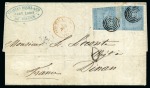 Stamp of Mauritius » 1859 Lapirot Issue 1859 Lapirot 2d. blue, horizontal pair, positions 9-10, on folded entire letter from Port Louis to France