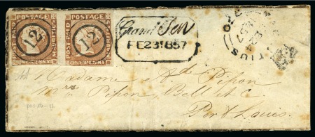 Stamp of Mauritius » 1848-59 Post Paid Issue » Intermediate Impressions (SG 10-15) 1854-57 Post Paid 1d. vermilion, horizontal pair, positions 10-11, on cover from Grand Savanne to Port Louis