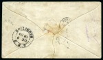 1857-59 Post Paid 1d. red on bluish, position 5, two largely margined vertical pairs, tied to envelope from Port Louis to Romans, France