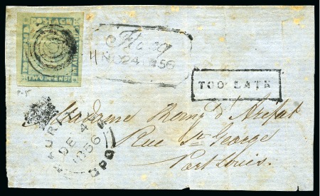 1855-58 Post Paid 2d blue, position 7, from Flacq to Port Louis with TOO LATE hs