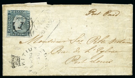1855-58 Post Paid 2d. blue, position 7, tied to folded entire letter by numeral '1'in two concentric rings from Mahébourg to Port Louis