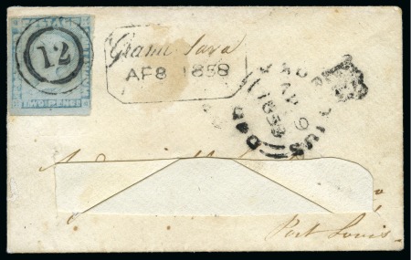1856-58 Post Paid 2d blue, position 3, tied by numeral '12' of two concentric rings to small envelope