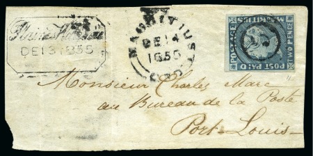 Stamp of Mauritius » 1848-59 Post Paid Issue » Intermediate Impressions (SG 10-15) 1854-57 Post Paid 2d. blue, position 11, cancelled by fine strike of numeral '5' hs on cover front