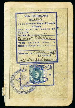 1927 Passport page with King Fouad 50m with Consular overprint tied by Egyptian Consul in Vienna cachet