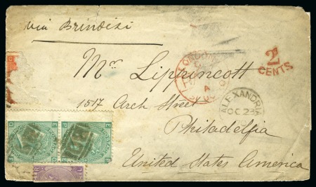 Stamp of Egypt » British Post Offices » Alexandria 1870 (Oct 23) Envelope from Alexandria to the USA with 1867-80 2s vert. pair and 6d overlapping lower edge