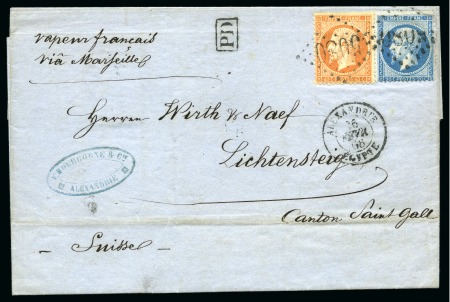 1866 (Feb 26) Entire from Alexandria to Switzerland with 1862 40c orange and 20c blue tied by "5080" large number lozenge