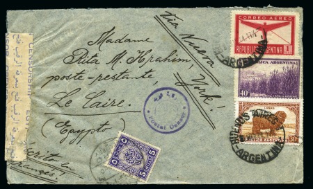 Stamp of Egypt » Revenues 1939-49 First Egyptian Tax issue 5m tied by Cairo Delivery 2 cds to censored cover incoming from Argentina