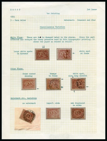 1872 Third Issue 5pa study on an album page, with 8 examples showing various printing flaws and varieties