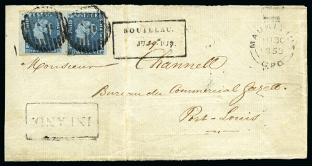 Stamp of Mauritius » 1848-59 Post Paid Issue » Early Impressions (SG 6-9) 1849-54 Post Paid 2d blue, positions 7-8, early impression pair with PENOE error on cover from Soillac to Port Louis