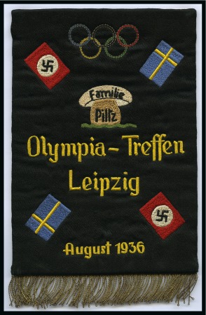 1936 Berlin: Pennant, 144x204mm, embroidered with "Familie / Piltz / Olympia-Treffen / Leipzig / August 1936," Olympic Rings