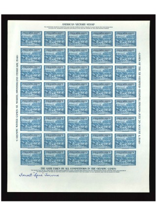 1940 "American Victory Stamp" set of 4 in complete sheets of 40 imperf signed by celebrities