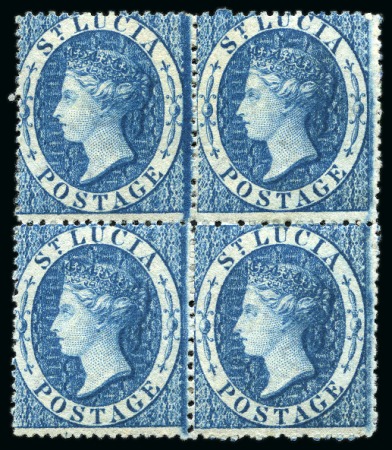 Stamp of St. Lucia 1860 Wmk Small Star (4d) blue, perf.14 to 16, in mint block of four
