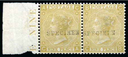 Stamp of Great Britain » 1855-1900 Surface Printed » 1867-80 Large Uncoloured Corner Letters, Wmk Spray of Rose 1867-80 9d Straw pl.4 with "SPECIMEN" type 9 overprint in left marginal pair