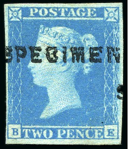 Stamp of Great Britain » 1841 2d Blue 1841 2d Blue pl.3 BE with "SPECIMEN" type 1 overprint, reverse with "AG" of "POSTAGE TWOPENCE" hs in blue