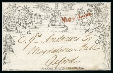 Stamp of Great Britain » 1840 Mulreadys & Caricatures 1840 (Nov 23) 1d Mulready lettersheet, forme 3, stereo A69, sent from London to Oxford cancelled only by a red "Vigo-Lane" receiving office s/l hs