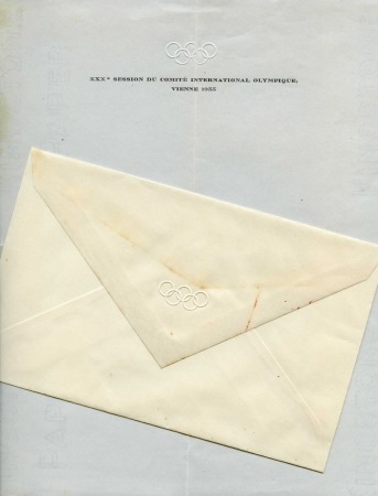 1933 IOC SESSION: Headed lettersheet with embossed Olympic Rings and Session legend, plus envelope
