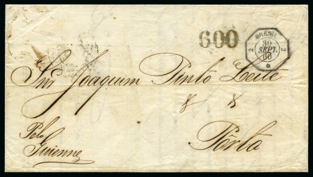 Stamp of Brazil » Postal History 1860 (Sept 30) Entire letter from Bahia to Porto, bearing BRÉSIL/2-2 octagonal date stamp