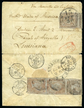 1859 Post Paid 1d. red-brown on bluish, vertical strip of four, positions 3/6/9/12, on cover to USA