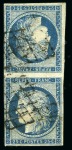 1849, Cérès 25c bleu en paire TETE-BECHE oblitération grille