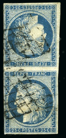 Stamp of France » Type Cérès de 1849-1850 1849, Cérès 25c bleu en paire TETE-BECHE oblitération grille
