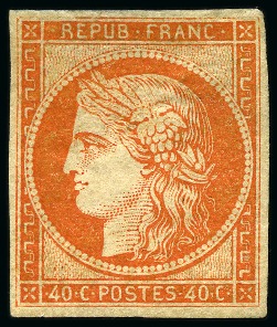 Stamp of France » Type Cérès de 1849-1850 1849, Cérès 40c orange foncé avec essai de gommage