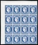 1849, Essai sur papier carton du Cérès 25c bleu, en bloc de 16