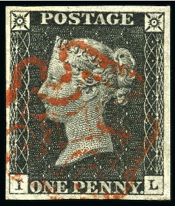 1840 1d Black pl.3 IL with good even margins, neat red MC
