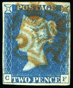 1840 2d Blue pl.1 CF with fine to very good margins, neat red MC