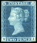 1841 2d Blue pl.3 KI unused with close to fine margins, showing strong guide line through value