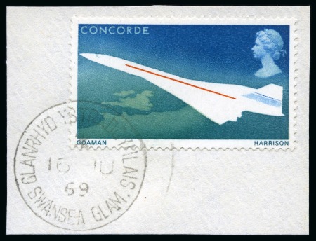 Stamp of Great Britain » Queen Elizabeth II 1969 Concorde 4d with VIOLET OMITTED error (missing value, etc.) on small piece with complete Swansea cds