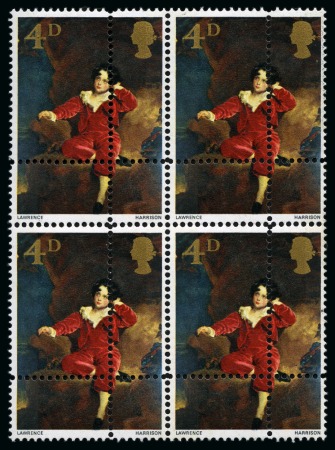 Stamp of Great Britain » Queen Elizabeth II 1967 Paintings 4d mint block four showing dramatic DOUBLY PERFORATED variety, plus 3d vertical pair with leftward shift of the blue
