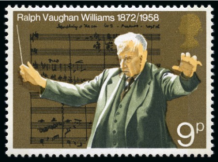 Stamp of Great Britain » Queen Elizabeth II 1972 Anniversaries 9p Ralph Vaughan Williams, two singles showing dramatic colour shifts affecting the face