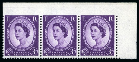 Stamp of Great Britain » Queen Elizabeth II 1958-65 Wmk Crowns 3d deep lilac top right marginal strip of three showing variety imperforate between the stamps and top margin