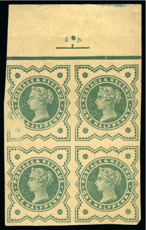 Stamp of Great Britain » 1855-1900 Surface Printed » 1887-1900 Jubilee Issue & 1891 £1 Green 1900 1/2d Blue-Green plate proof in top marginal block